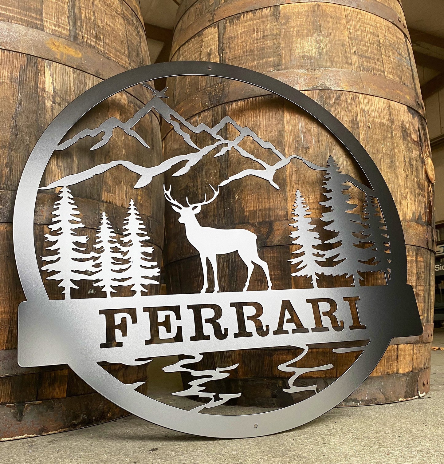 Personalized Metal Wall Sign with Mountains and Deer