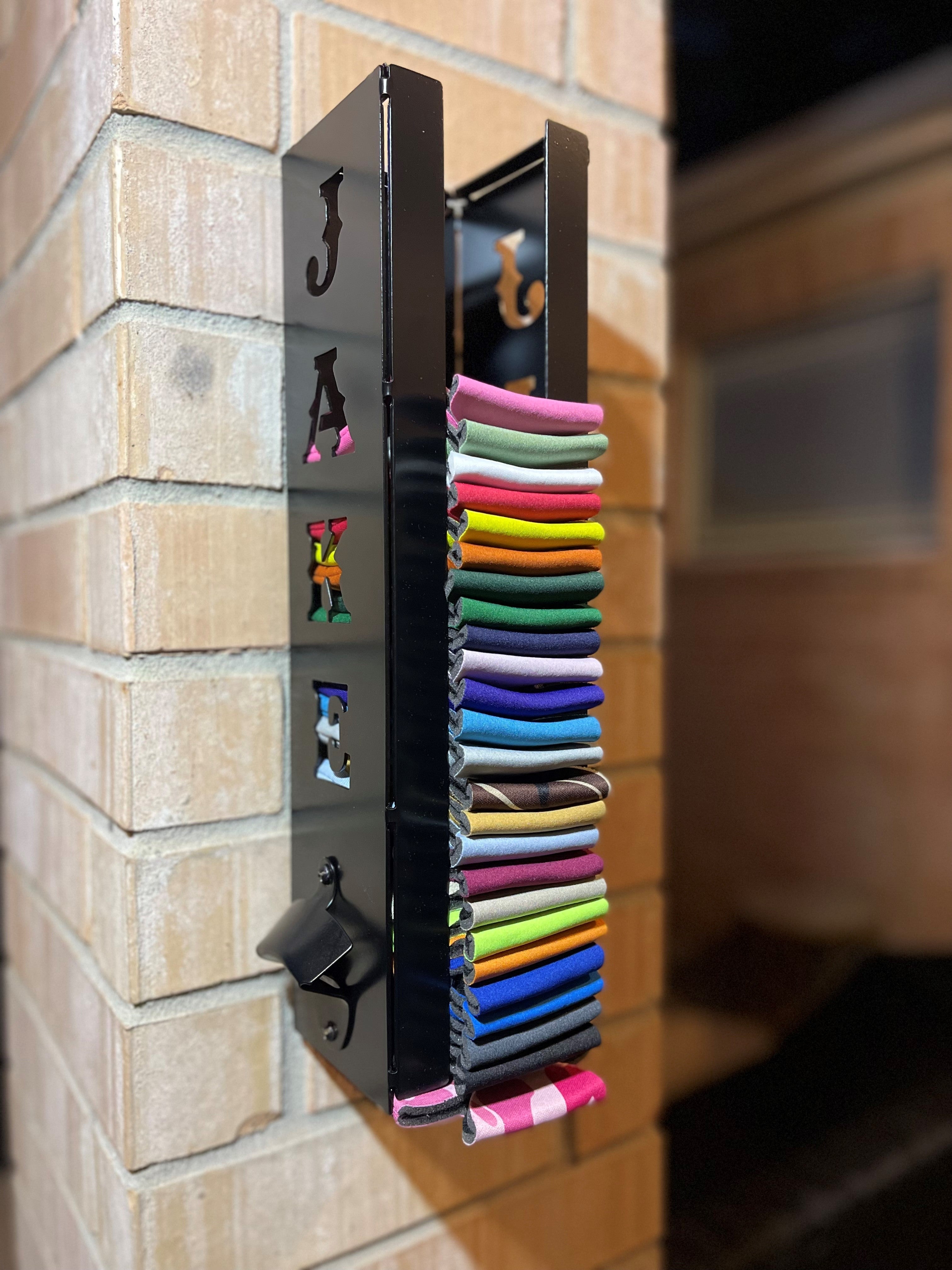 Koozie Storage Rack Personalized Koozie Holder with Bottle Opener – Fabrication House