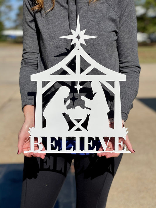 Nativity "Believe" Holiday Metal Sign