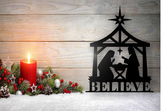 Nativity "Believe" Holiday Metal Sign