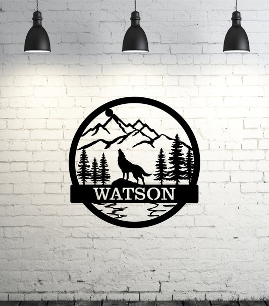 Personalized Metal Wall Sign with Mountain and Wolf