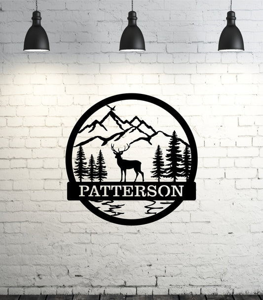 Personalized Metal Wall Sign with Mountains and Deer