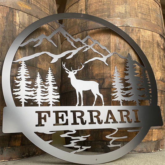 Personalized Metal Wall Sign with Mountains and Deer